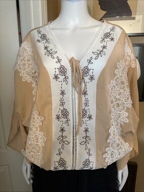Tan Lace-Embroidered Tie-Front Blouse